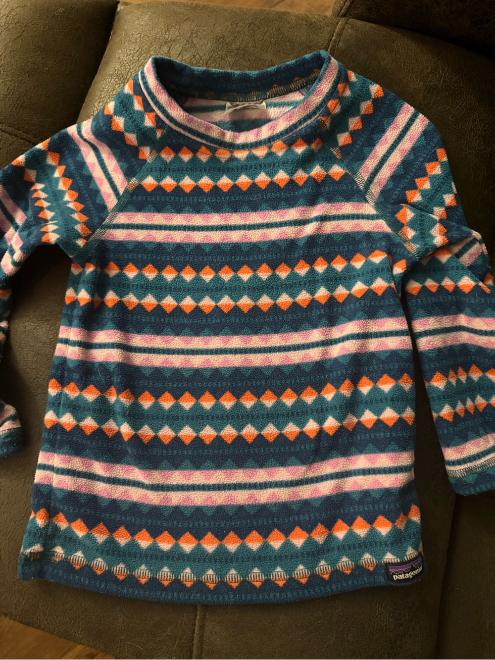 Patagonia Teal Blue Striped Geometric Kids Fleece Top with Orange & Pink Accents